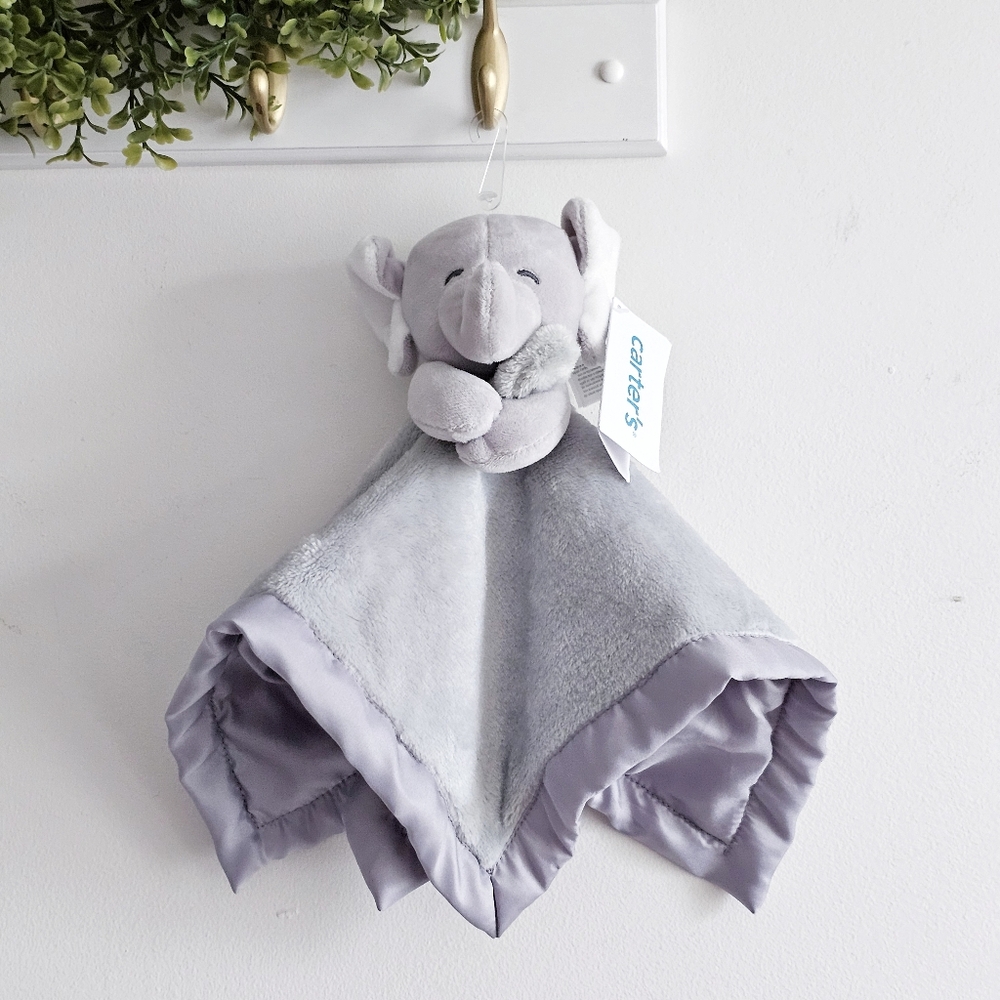 NWT 2020 Carter’s Elephant Lovey Security Blanket Gray Satin Trim Plush Baby